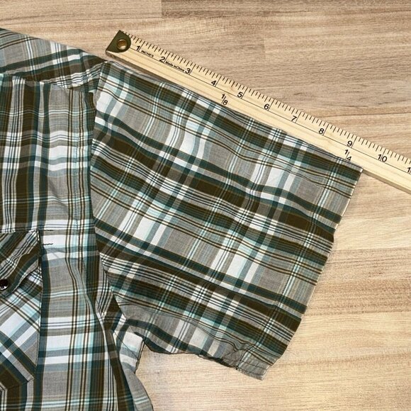 Prana Shirt Mens Large Green Brown Plaid Pearl Snap Short Sleeve Pockets Western - Picture 8 of 11